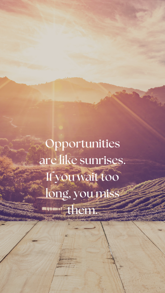 Opportunities are like sunrises. If you wait too long, you miss them.